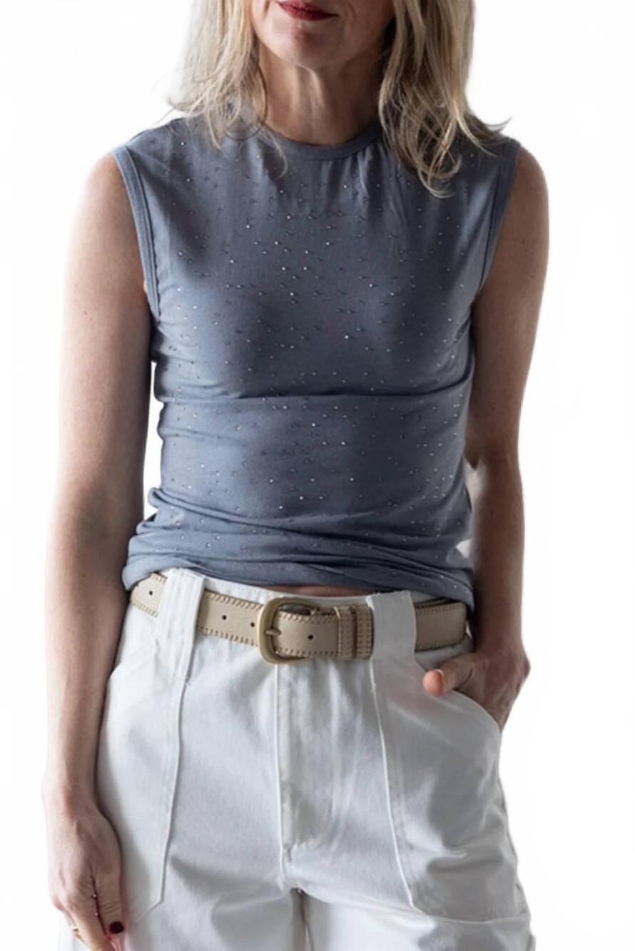 NEW ALYSI jersey top with rhinestones in grigio